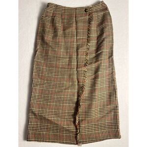 David Brooks Wrap Skirt Wm 10 Tan Plaid Pure Wool Fringe Midi Made USA Cottage